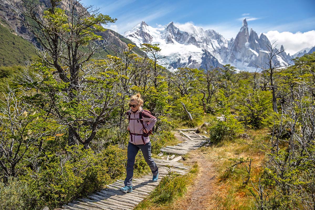 Hiking in Patagonia in the Outdoor Research Ferrosi softshell jacket